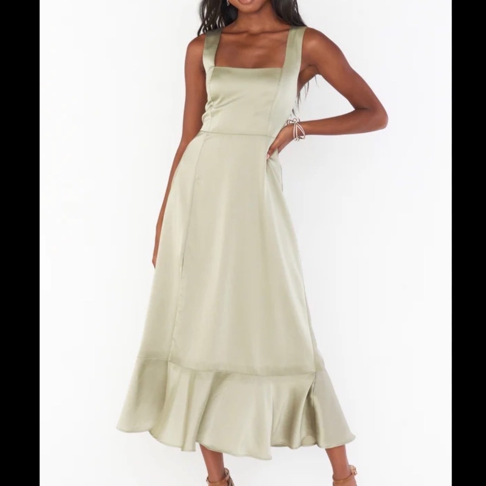 Show Me Your Mumu Claire Midi Satin Dress Green Square Neck Ruffle Hem Wedding